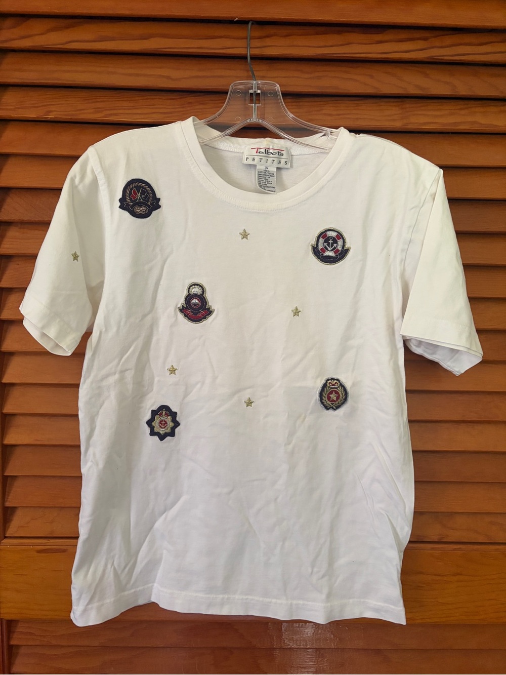 Talbots White Short-Sleeve Tee with Embroidered Badge Patches